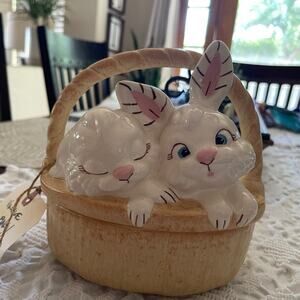 Vintage ceramic Bunny Rabbits  in a basket covered dish